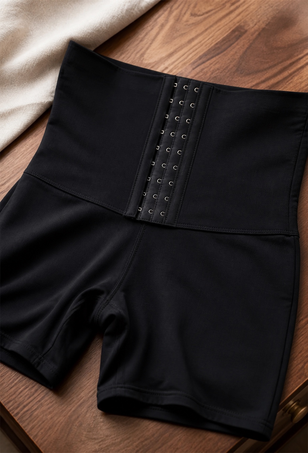 Close-up view of the Smooth Support Shorts adjustable waistband and closure